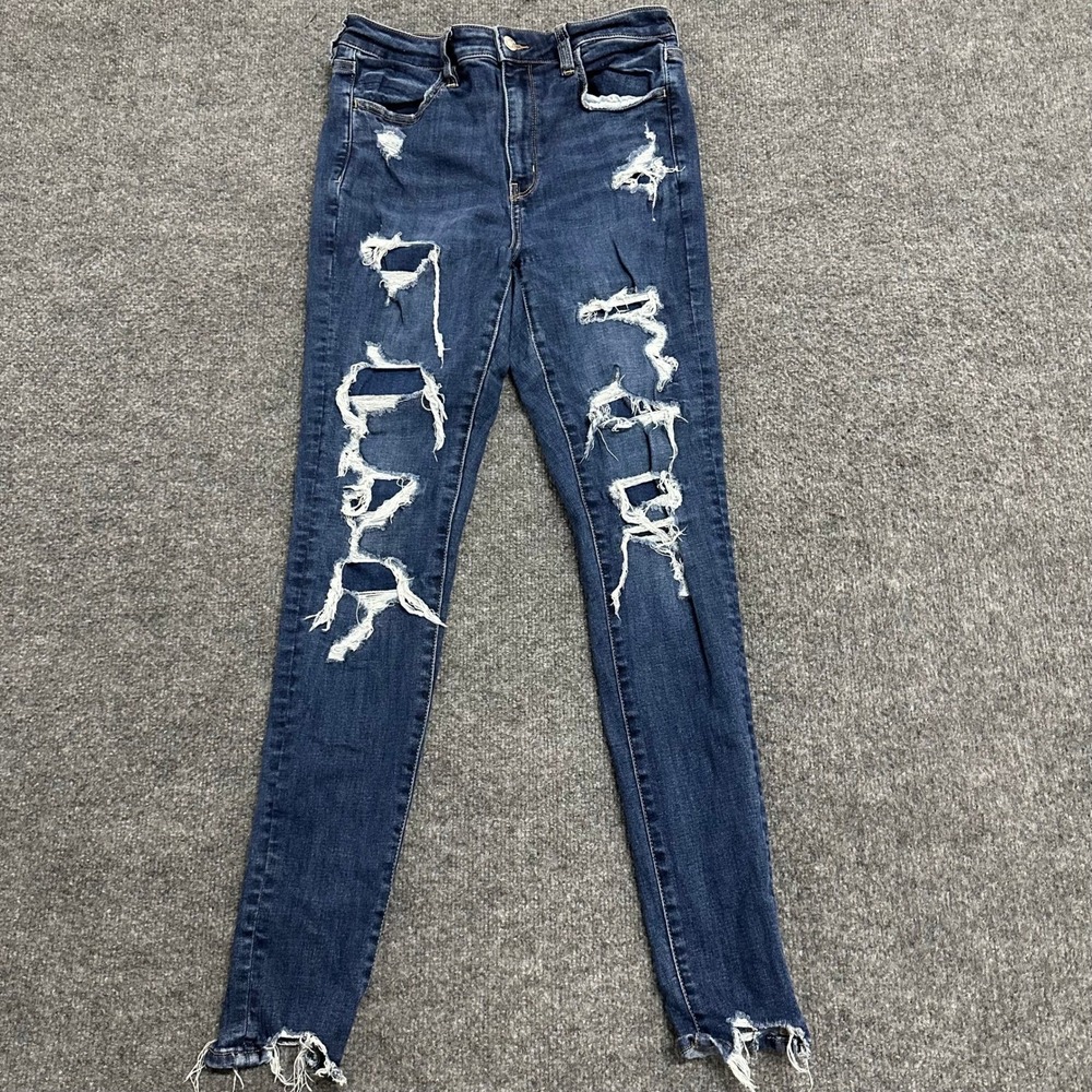 American Eagle Jeans Womens 8 Blue Viscose Distressed Skinny Frayed Hem Stretch